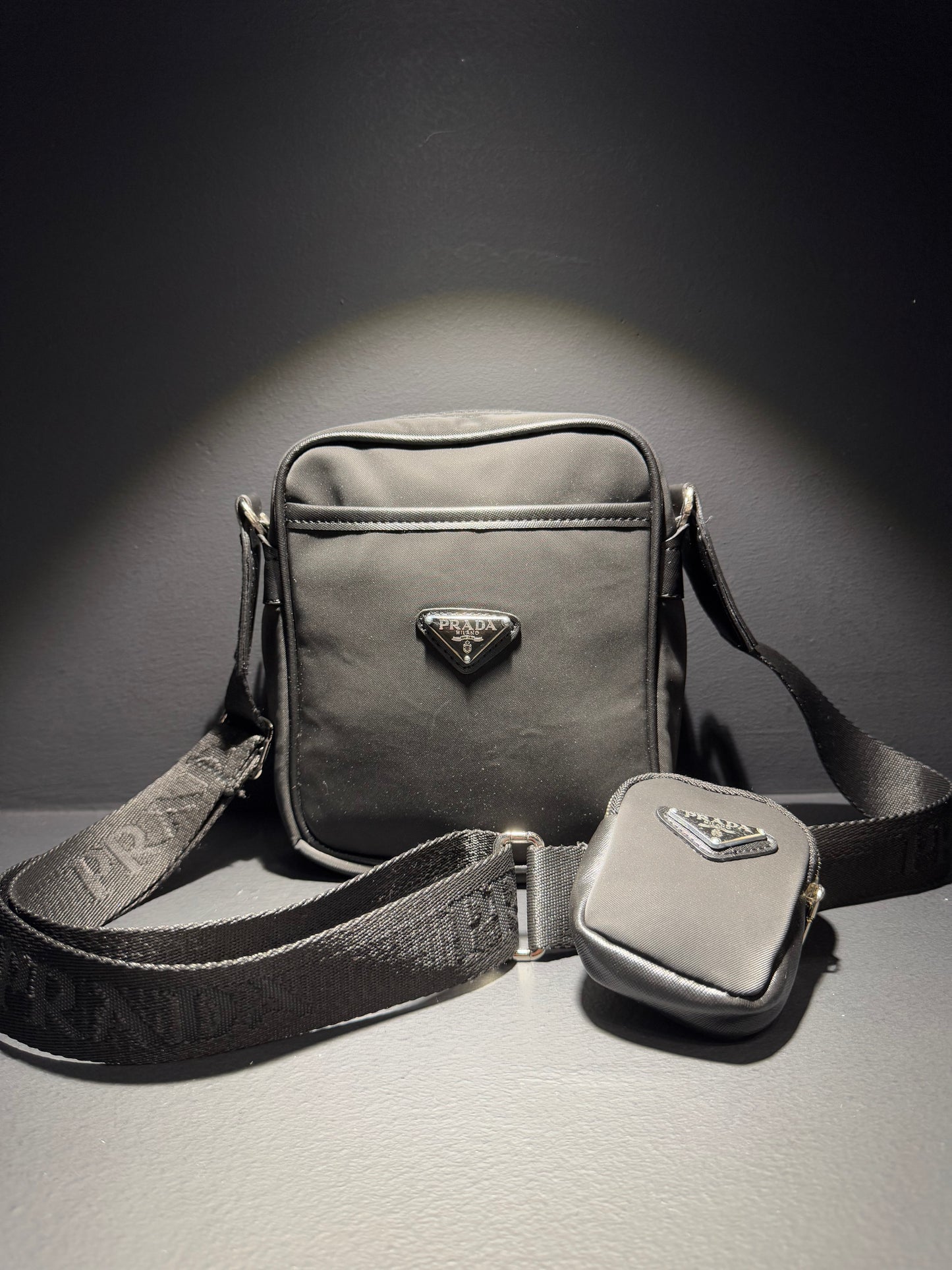 Prada Double Messenger Bag  Re-Nylon Leather Black Τσαντάκι Μαύρο